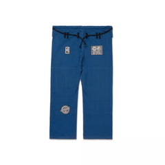 Close-up of stitching and logo on Shoyoroll Atlas Blue Gi