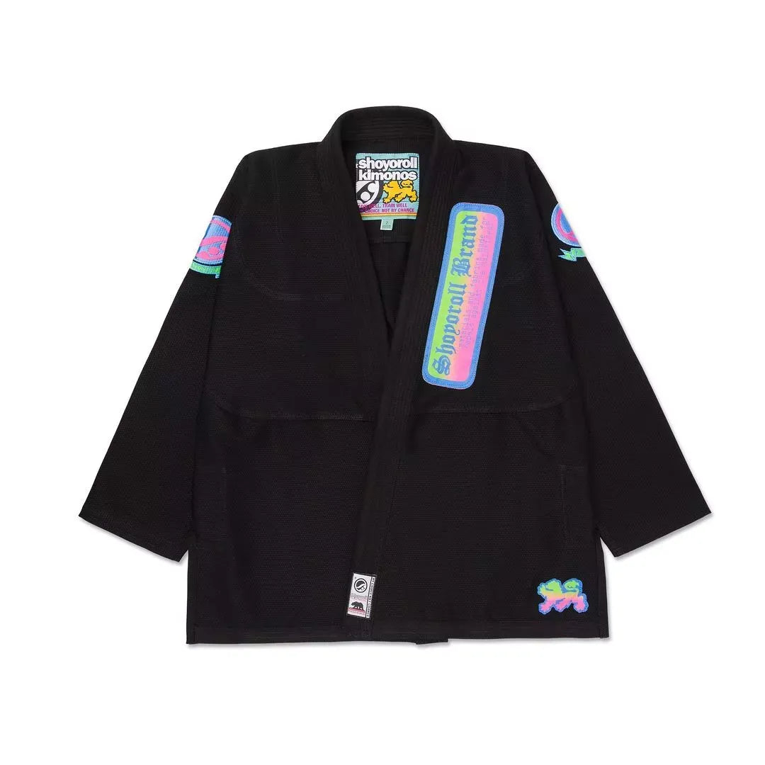 BJJ fighter wearing Shoyoroll Batch 149 retro gradient Gi